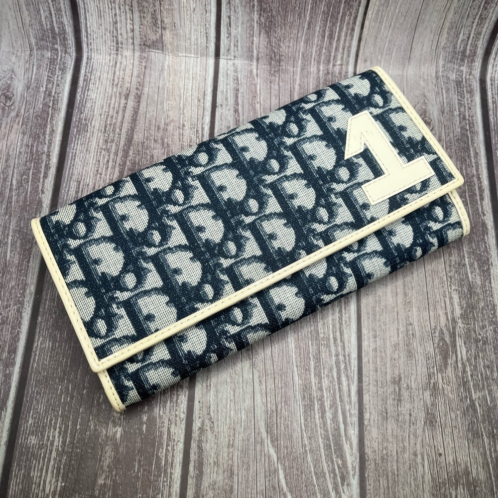 DIOR VTG Y2K Trotter Long Bifold Wallet Navy Blue & White #1 Vintage - Picture 2 of 15